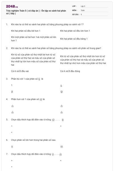 Trắc nghiệm Toán 5 ( có đáp án ) : Ôn tập so sánh hai phân số ( tiếp )