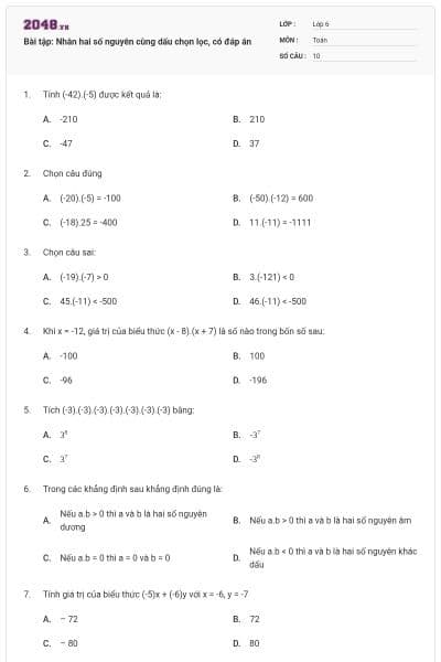 Bài tập: Nhân hai số nguyên cùng dấu chọn lọc, có đáp án