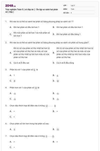 Trắc nghiệm Toán 5 ( có đáp án ) : Ôn tập so sánh hai phân số ( tiếp )
