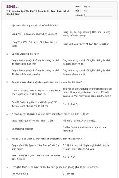 Trắc nghiệm Ngữ Văn lớp 11: (có đáp án) Tuần 4 Vài nét về Cao Bá Quát