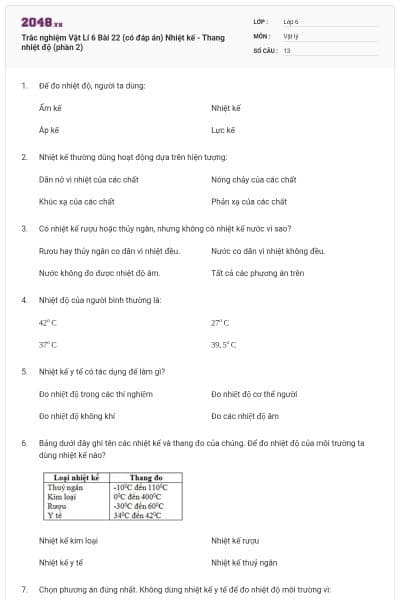 Trắc nghiệm Vật Lí 6 Bài 22 (có đáp án) Nhiệt kế - Thang nhiệt độ (phần 2)