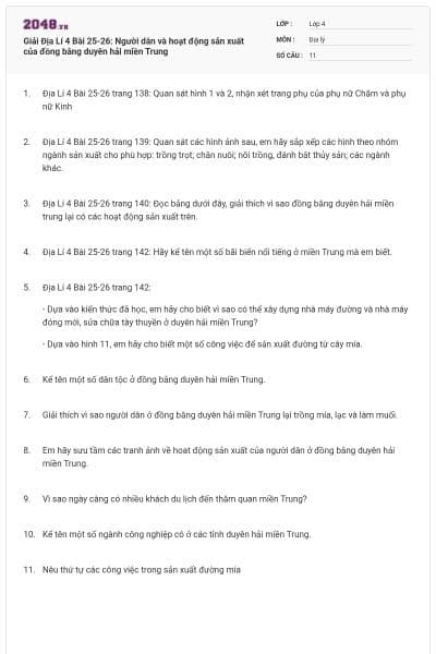 Giải Địa Lí 4 Bài 25-26: Người dân và hoạt động sản xuất của đồng bằng duyên hải miền Trung