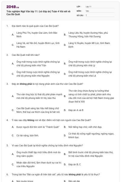 Trắc nghiệm Ngữ Văn lớp 11: (có đáp án) Tuần 4 Vài nét về Cao Bá Quát