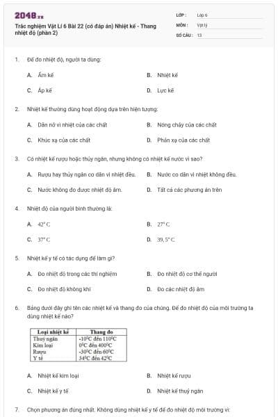 Trắc nghiệm Vật Lí 6 Bài 22 (có đáp án) Nhiệt kế - Thang nhiệt độ (phần 2)
