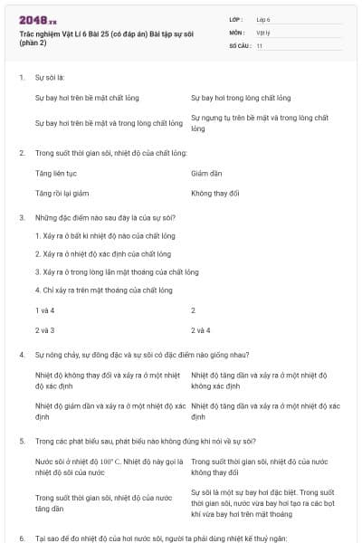 Trắc nghiệm Vật Lí 6 Bài 25 (có đáp án) Bài tập sự sôi (phần 2)
