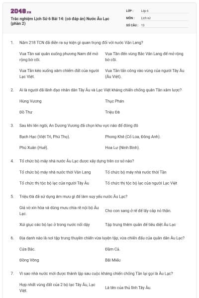 Trắc nghiệm Lịch Sử 6 Bài 14: (có đáp án) Nước Âu Lạc (phần 2)