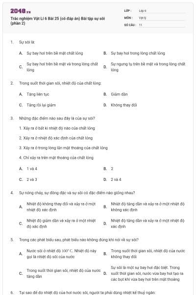 Trắc nghiệm Vật Lí 6 Bài 25 (có đáp án) Bài tập sự sôi (phần 2)