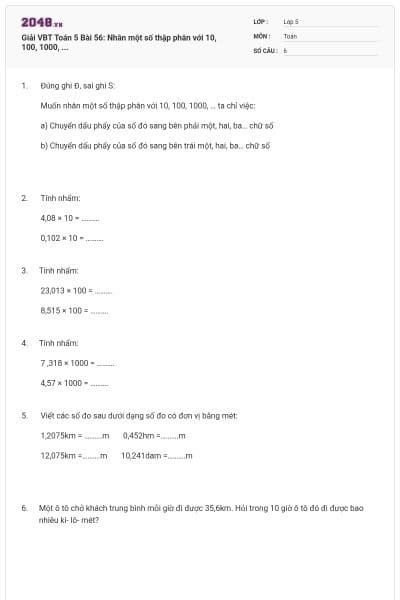 Giải VBT Toán 5 Bài 56: Nhân một số thập phân với 10, 100, 1000, ...