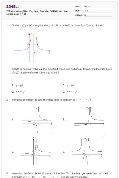 200 câu trắc nghiệm Ứng dụng đạo hàm để khảo sát hàm số nâng cao (P10)