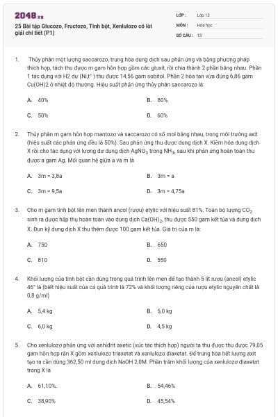 25 Bài tập Glucozo, Fructozo, Tinh bột, Xenlulozo có lời giải chi tiết (P1)