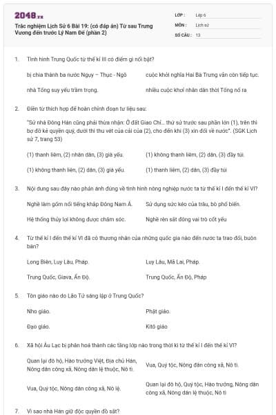 Trắc nghiệm Lịch Sử 6 Bài 19: (có đáp án) Từ sau Trưng Vương đến trước Lý Nam Đế (phần 2)