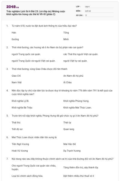 Trắc nghiệm Lịch Sử 6 Bài 23: (có đáp án) Những cuộc khởi nghĩa lớn trong các thế kỉ VII-IX (phần 2)