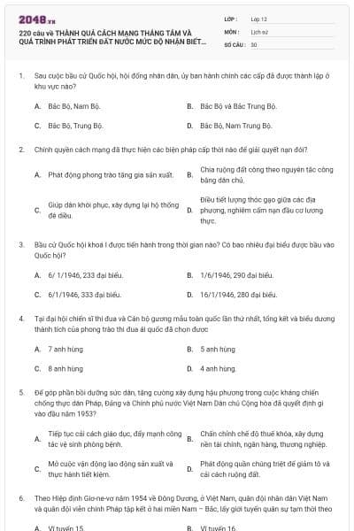 220 câu về THÀNH QUẢ CÁCH MẠNG THÁNG TÁM VÀ QUÁ TRÌNH PHÁT TRIỂN ĐẤT NƯỚC MỨC ĐỘ NHẬN BIẾT (P2)
