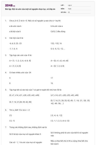 Bài tập: Bội và ước của một số nguyên chọn lọc, có đáp án