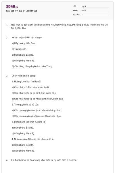Giải Địa lý 4 Bài 31-32: Ôn tập