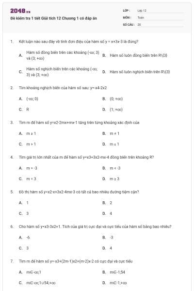 Đề kiểm tra 1 tiết Giải tích 12 Chương 1 có đáp án