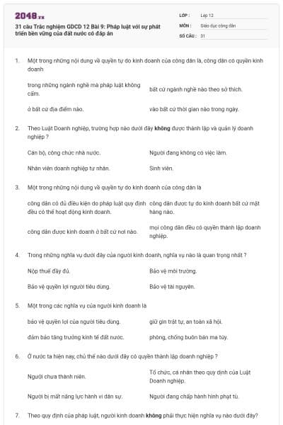 31 câu Trắc nghiệm GDCD 12 Bài 9: Pháp luật với sự phát triển bền vững của đất nước có đáp án