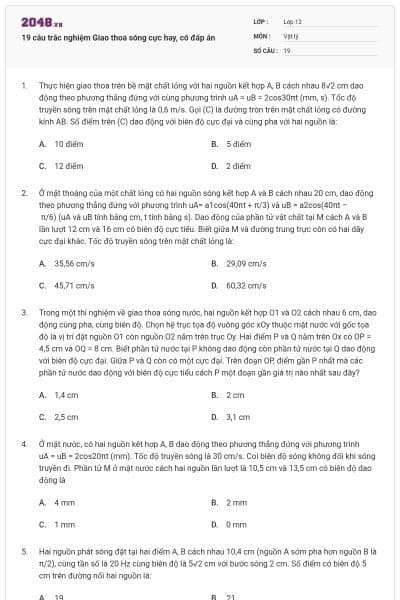 19 câu trắc nghiệm Giao thoa sóng cực hay, có đáp án