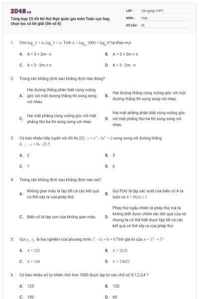 Tổng hợp 25 đề thi thử thpt quốc gia môn Toán cực hay, chọn lọc có lời giải (Đề số 6)