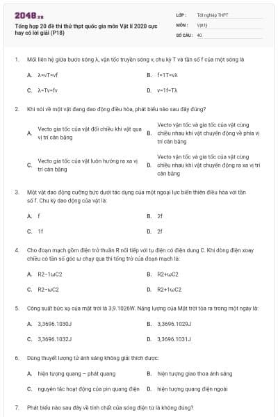 Tổng hợp 20 đề thi thử thpt quốc gia môn Vật lí 2020 cực hay có lời giải (P18)