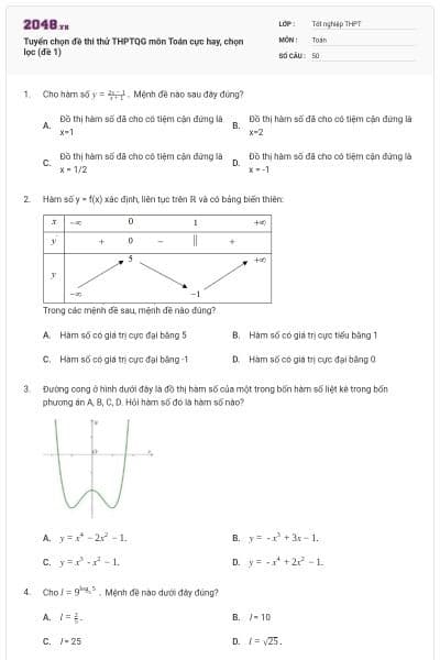 Tuyển chọn đề thi thử THPTQG môn Toán cực hay, chọn lọc (đề 1)