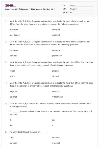 Đề thi Học kì 1 Tiếng Anh 12 Thí điểm (có đáp án - Đề 2)