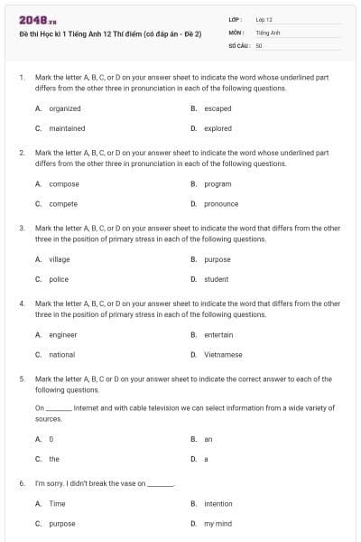 Đề thi Học kì 1 Tiếng Anh 12 Thí điểm (có đáp án - Đề 2)