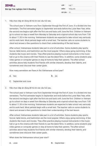 Bài tập Trắc nghiệm Unit 4 Reading