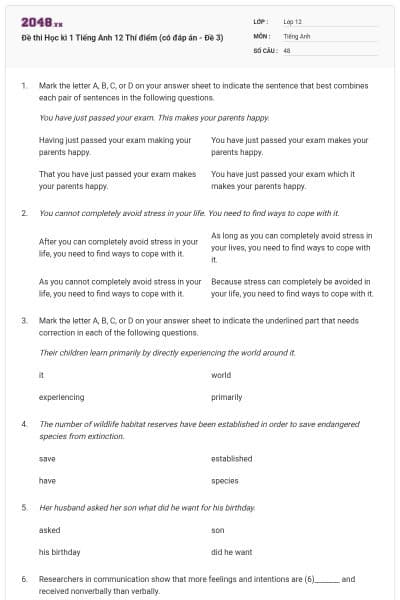 Đề thi Học kì 1 Tiếng Anh 12 Thí điểm (có đáp án - Đề 3)