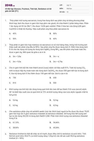 25 Bài tập Glucozo, Fructozo, Tinh bột, Xenlulozo có lời giải chi tiết (P1)