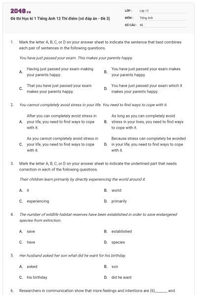 Đề thi Học kì 1 Tiếng Anh 12 Thí điểm (có đáp án - Đề 3)