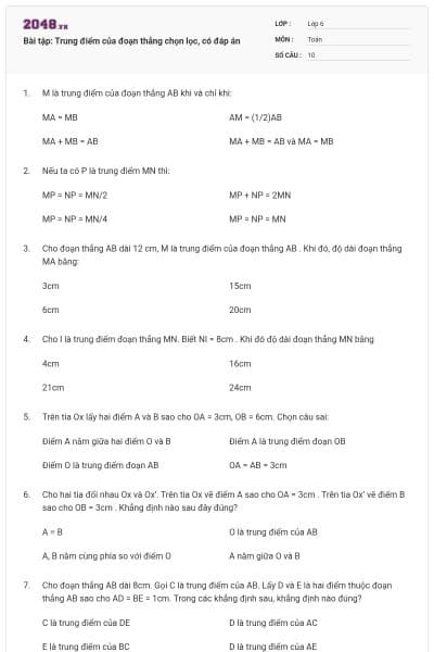 Bài tập: Trung điểm của đoạn thẳng chọn lọc, có đáp án