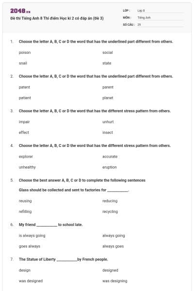 Đề thi Tiếng Anh 8 Thí điểm Học kì 2 có đáp án (Đề 3)