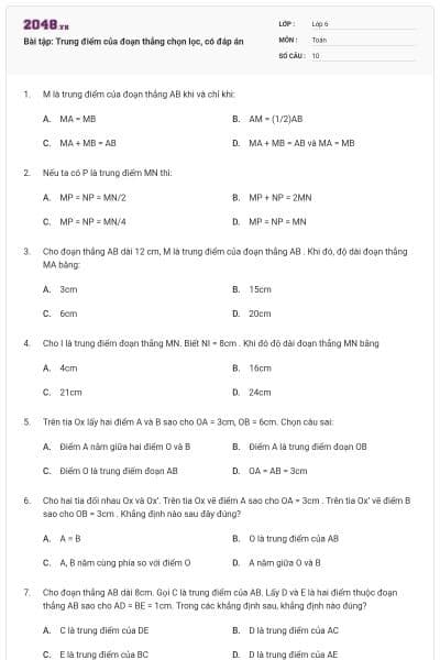 Bài tập: Trung điểm của đoạn thẳng chọn lọc, có đáp án