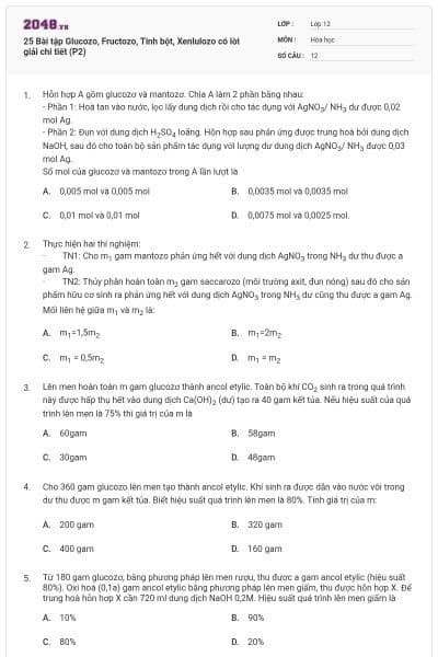 25 Bài tập Glucozo, Fructozo, Tinh bột, Xenlulozo có lời giải chi tiết (P2)