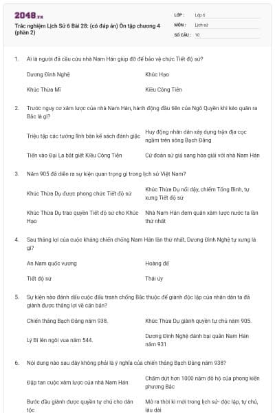 Trắc nghiệm Lịch Sử 6 Bài 28: (có đáp án) Ôn tập chương 4 (phần 2)