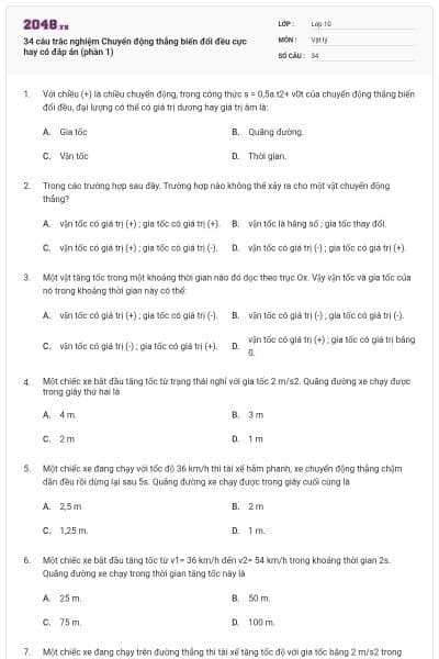 34 câu trắc nghiệm Chuyển động thẳng biến đổi đều cực hay có đáp án (phần 1)