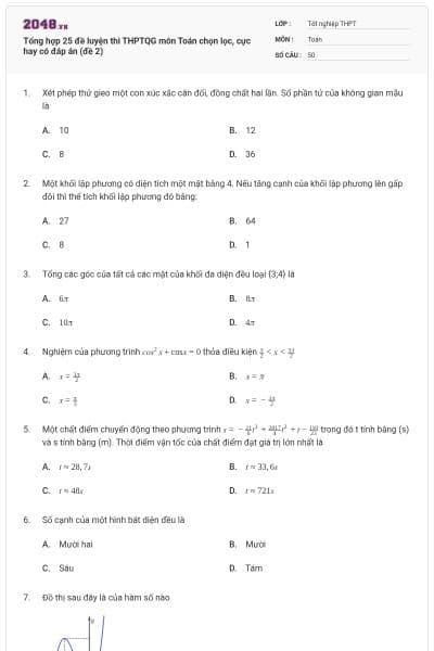 Tổng hợp 25 đề luyện thi THPTQG môn Toán chọn lọc, cực hay có đáp án (đề 2)