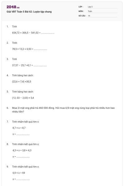 Giải VBT Toán 5 Bài 62: Luyện tập chung