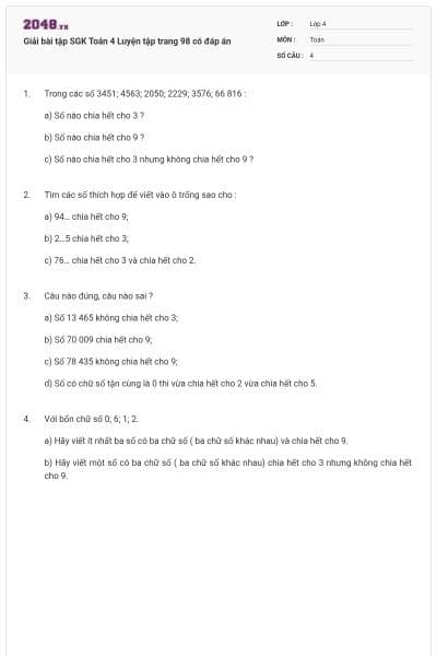 Giải bài tập SGK Toán 4 Luyện tập trang 98 có đáp án