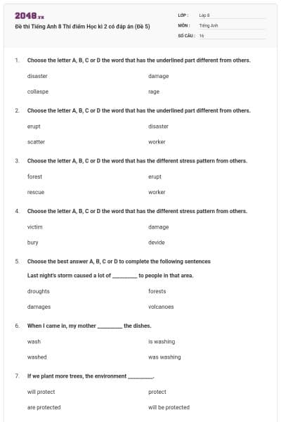 Đề thi Tiếng Anh 8 Thí điểm Học kì 2 có đáp án (Đề 5)