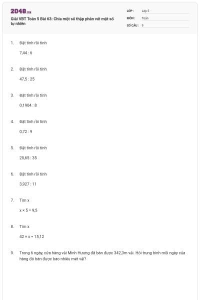 Giải VBT Toán 5 Bài 63: Chia một số thập phân với một số tự nhiên