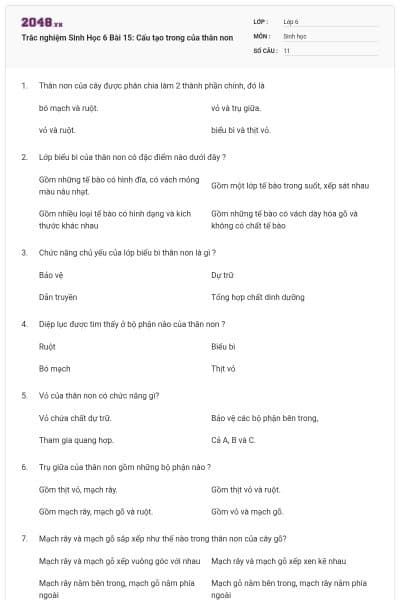 Trắc nghiệm Sinh Học 6 Bài 15: Cấu tạo trong của thân non