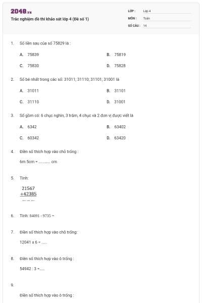 Trắc nghiệm đề thi khảo sát lớp 4 (Đề số 1)