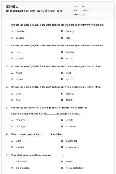 Đề thi Tiếng Anh 8 Thí điểm Học kì 2 có đáp án (Đề 5)