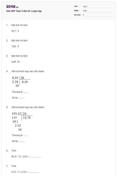 Giải VBT Toán 5 Bài 64: Luyện tập