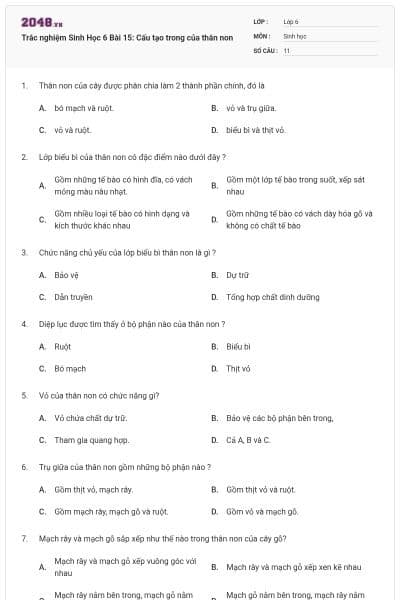 Trắc nghiệm Sinh Học 6 Bài 15: Cấu tạo trong của thân non