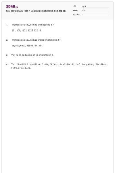 Giải bài tập SGK Toán 4 Dấu hiệu chia hết cho 3 có đáp án