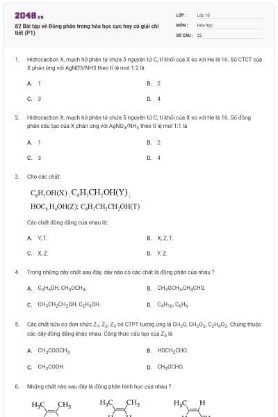 82 Bài tập về Đồng phân trong hóa học cực hay có giải chi tiết (P1)
