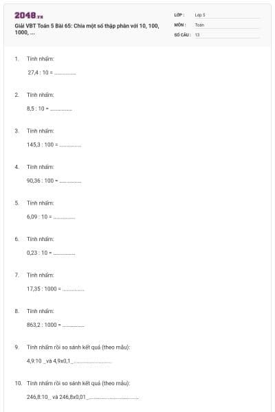 Giải VBT Toán 5 Bài 65: Chia một số thập phân với 10, 100, 1000, ...